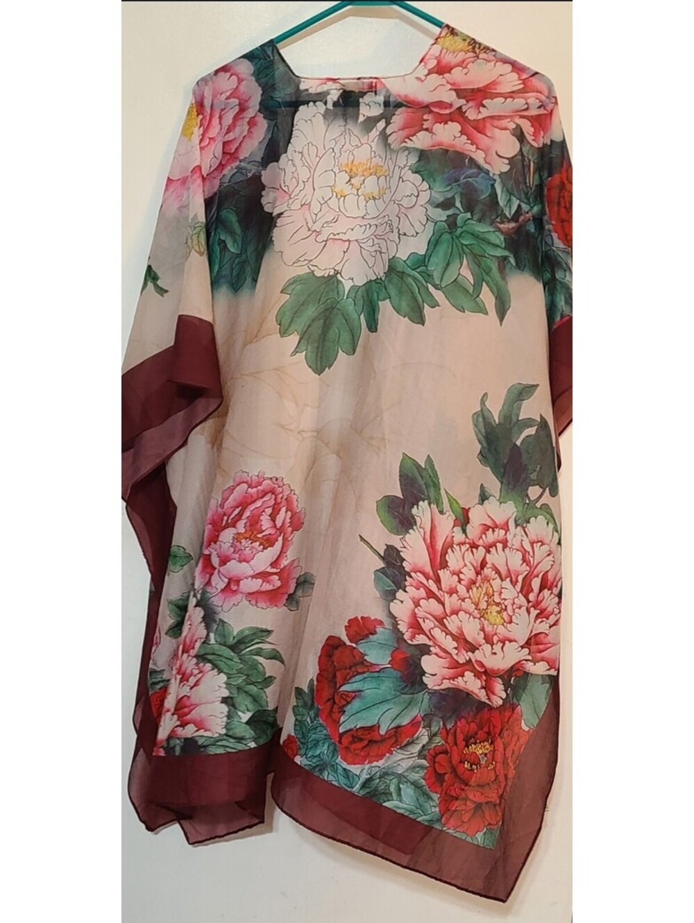 JC Sunny OS Silk Blend Peony Floral Sheer Boho Chinoiserie Art Wear Kimono